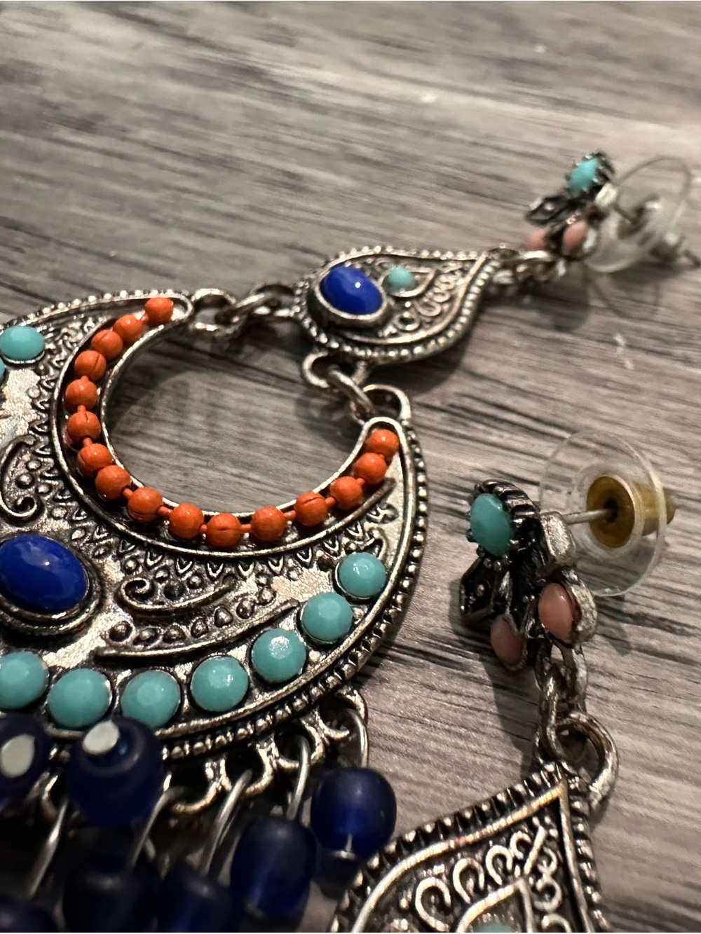 Boho Crescent Dangle Earrings in Turquoise & Coral - Picture 3 of 5